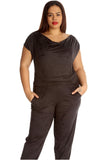 Black Plus Size Cowl Neck Pocket Belted Jumpsuits For Women 22-24 - Dropwear
