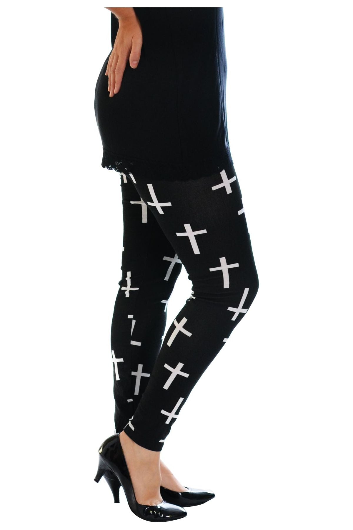 Black Cross Plus Size Black Cross Print Stretchy Leggings For Women 16-18 - Dropwear