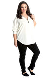 Zip Curved Hem V-Neck Batwing Sleeve Top For Women  - Dropwear