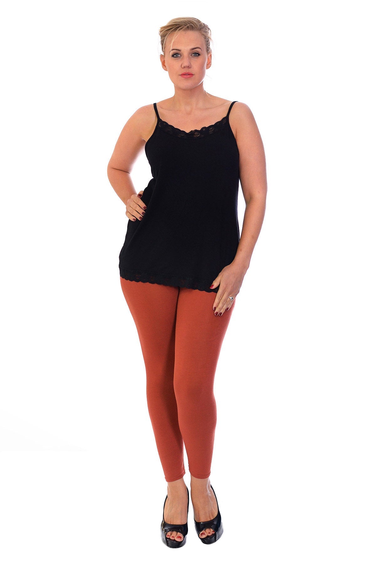 Brown Plus Size Plain Long Leggings For Women 24-26 - Dropwear