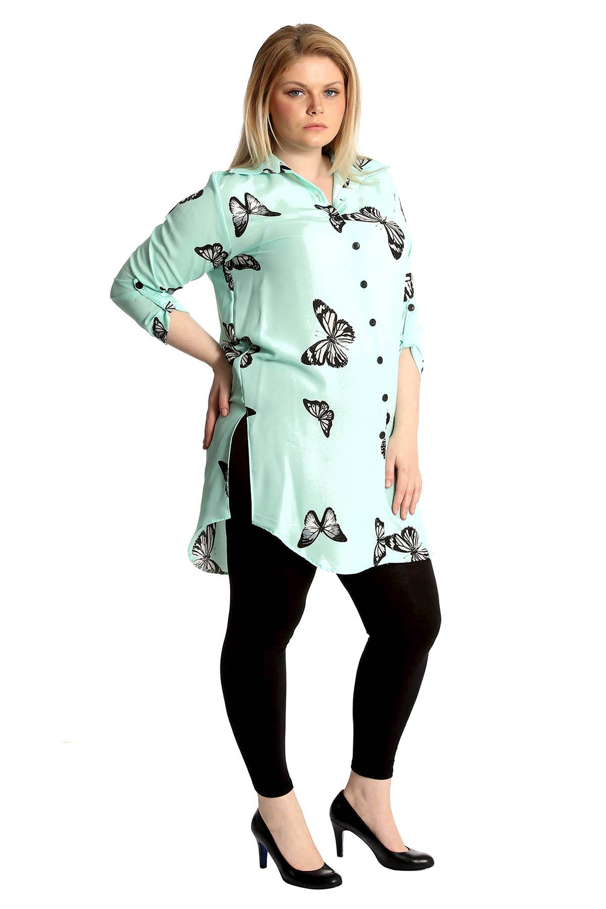 Nude Butterfly Print Side Slit Curved Hem Top For Women 22 - Dropwear