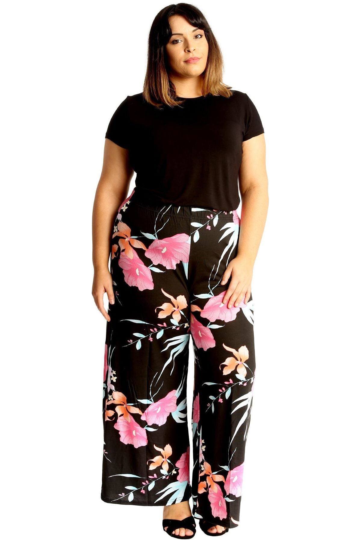 Plus Size Cerise Aqua Floral Print Palazzo Trouser For Women  - Dropwear