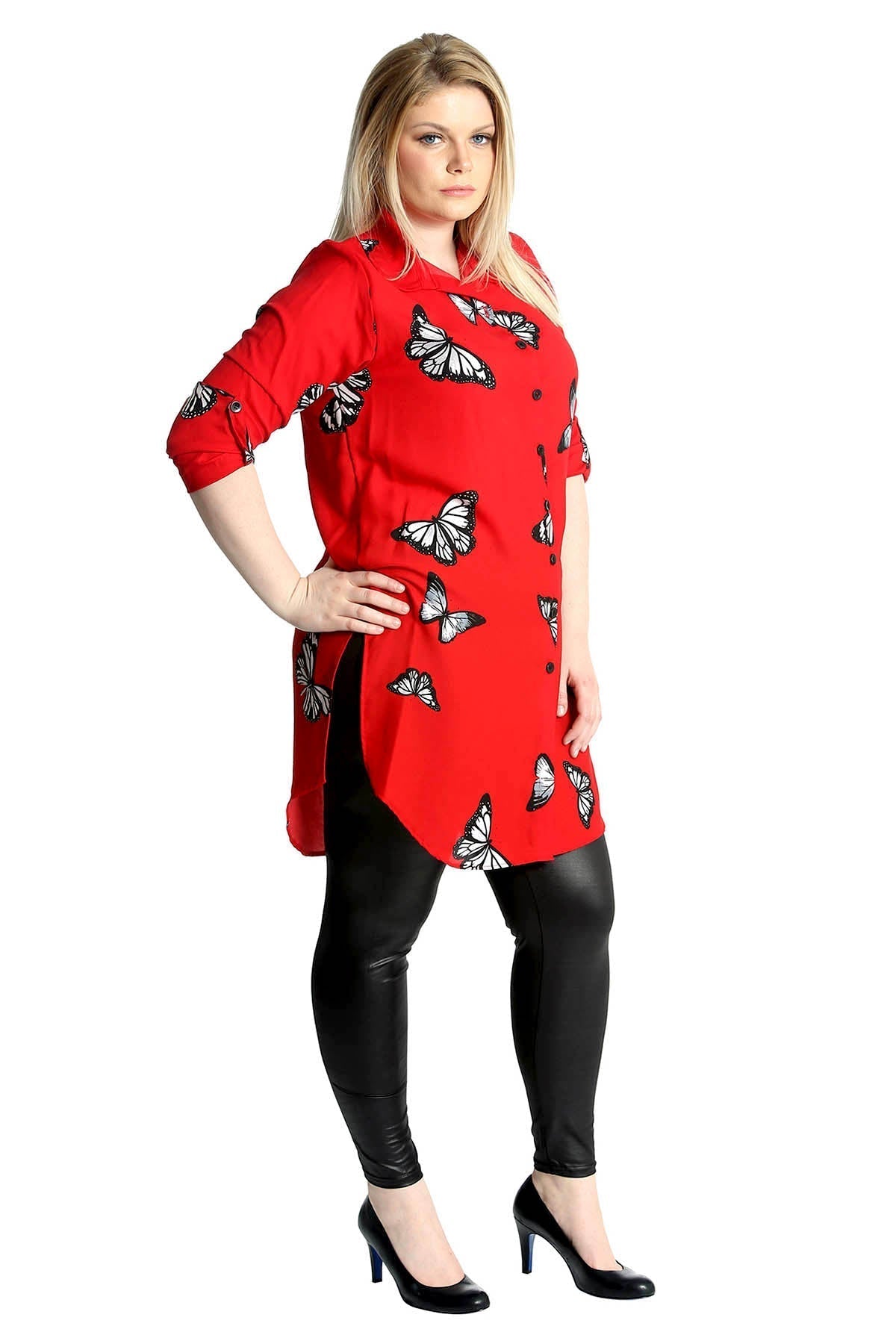 Royal Blue Butterfly Print Side Slit Curved Hem Top For Women 16 - Dropwear