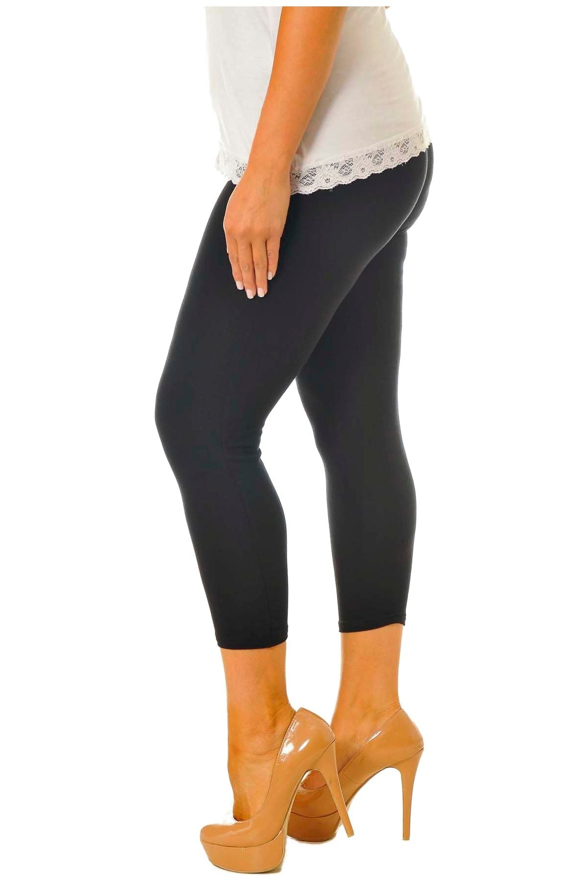 Black Plus Size 3/4 Length Cropped Leggings For Women 16-18 - Dropwear