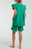 Royal Blue Frill Sleeve Back Button Top & Shorts Co-Ord Set For Women ONE SIZE - Dropwear