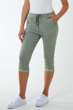 Khaki Glitter Drawstring Pocket Capri Trousers For Women ONE SIZE - Dropwear