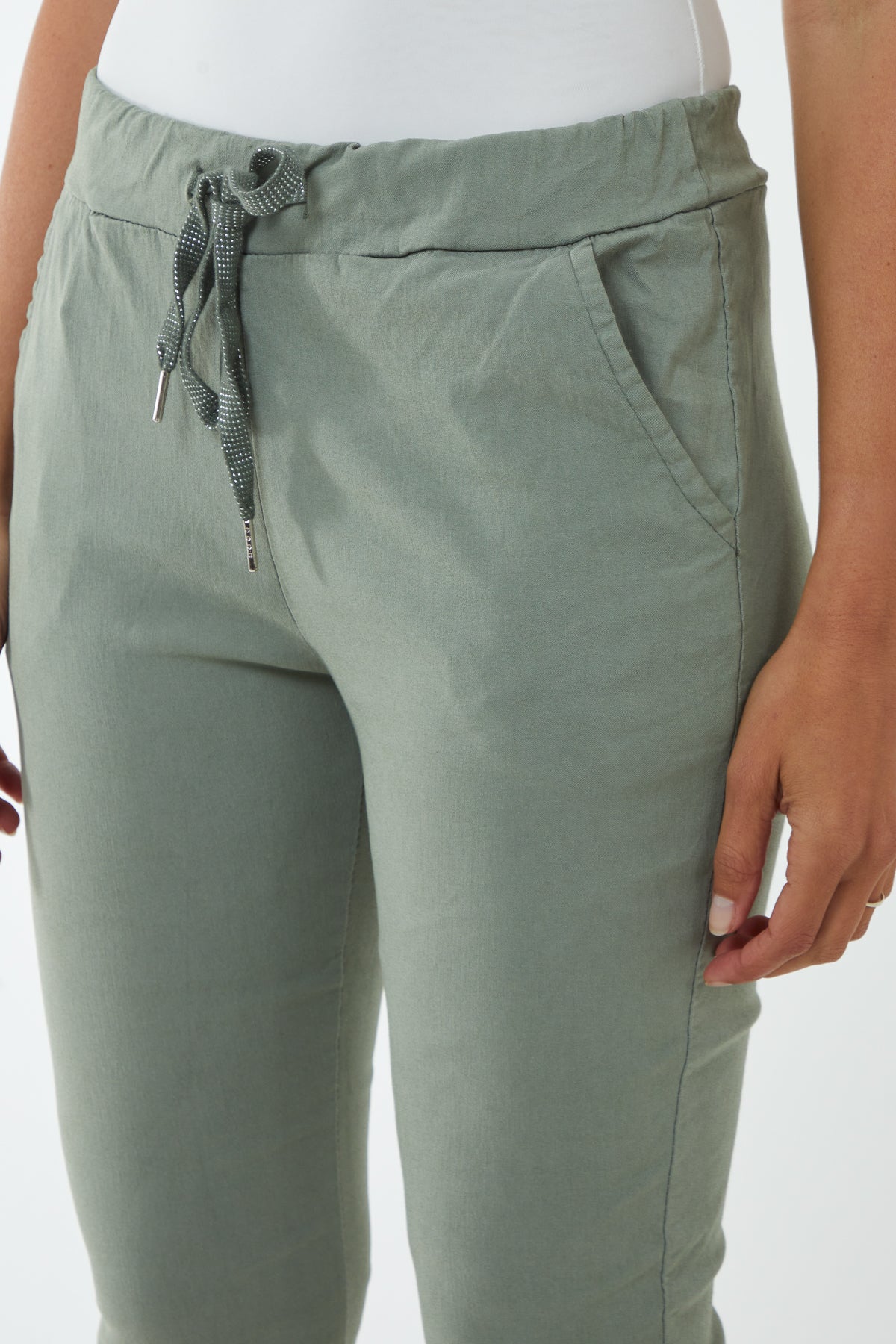 Turquoise Glitter Drawstring Pocket Capri Trousers For Women ONE SIZE - Dropwear