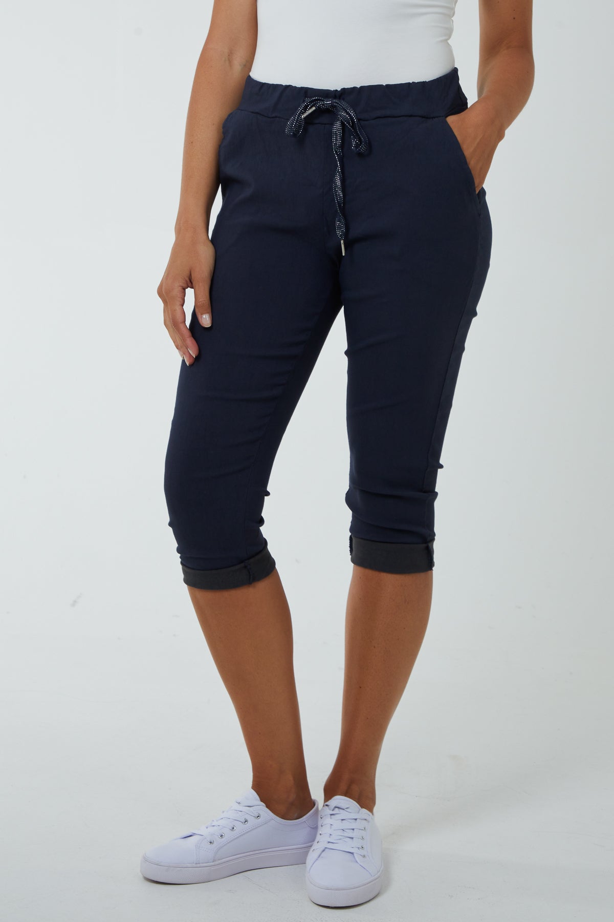 Glitter Drawstring Pocket Capri Trousers For Women  - Dropwear