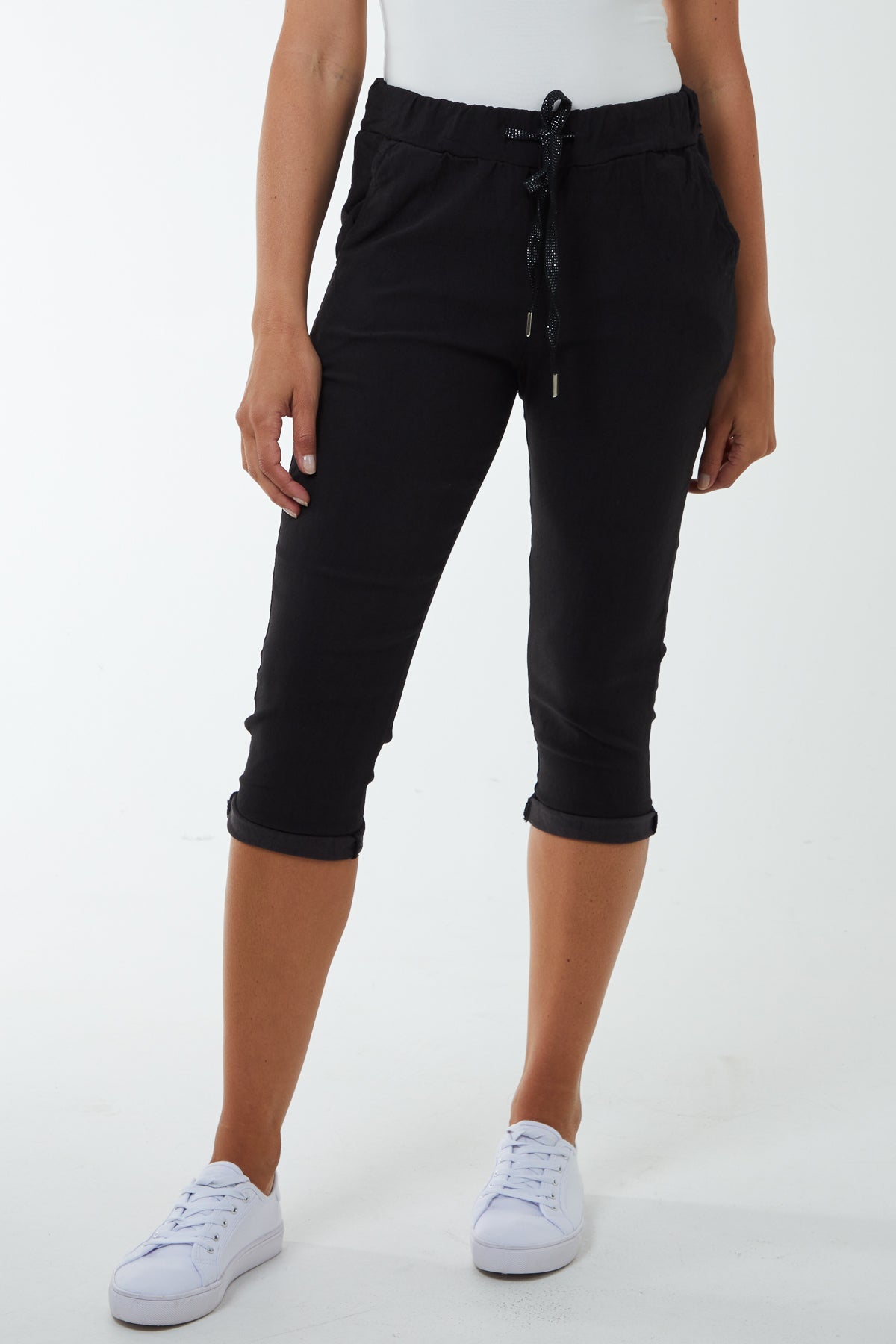 Glitter Drawstring Pocket Capri Trousers For Women  - Dropwear