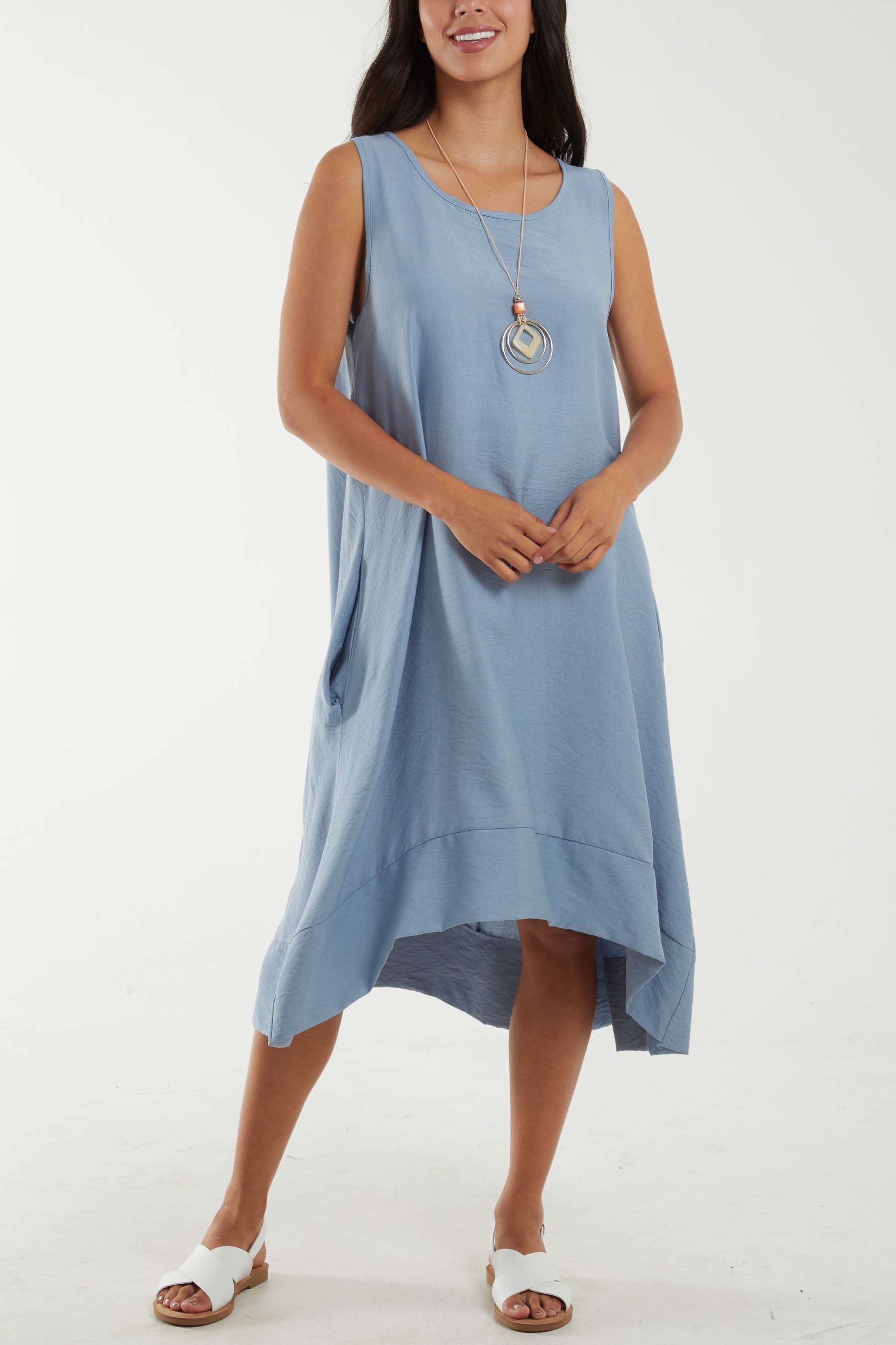 Stone Round Neck Sleeveless Dress with Necklace For Women ONE SIZE - Dropwear