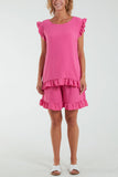 Frill Sleeve Back Button Top & Shorts Co-Ord Set For Women  - Dropwear