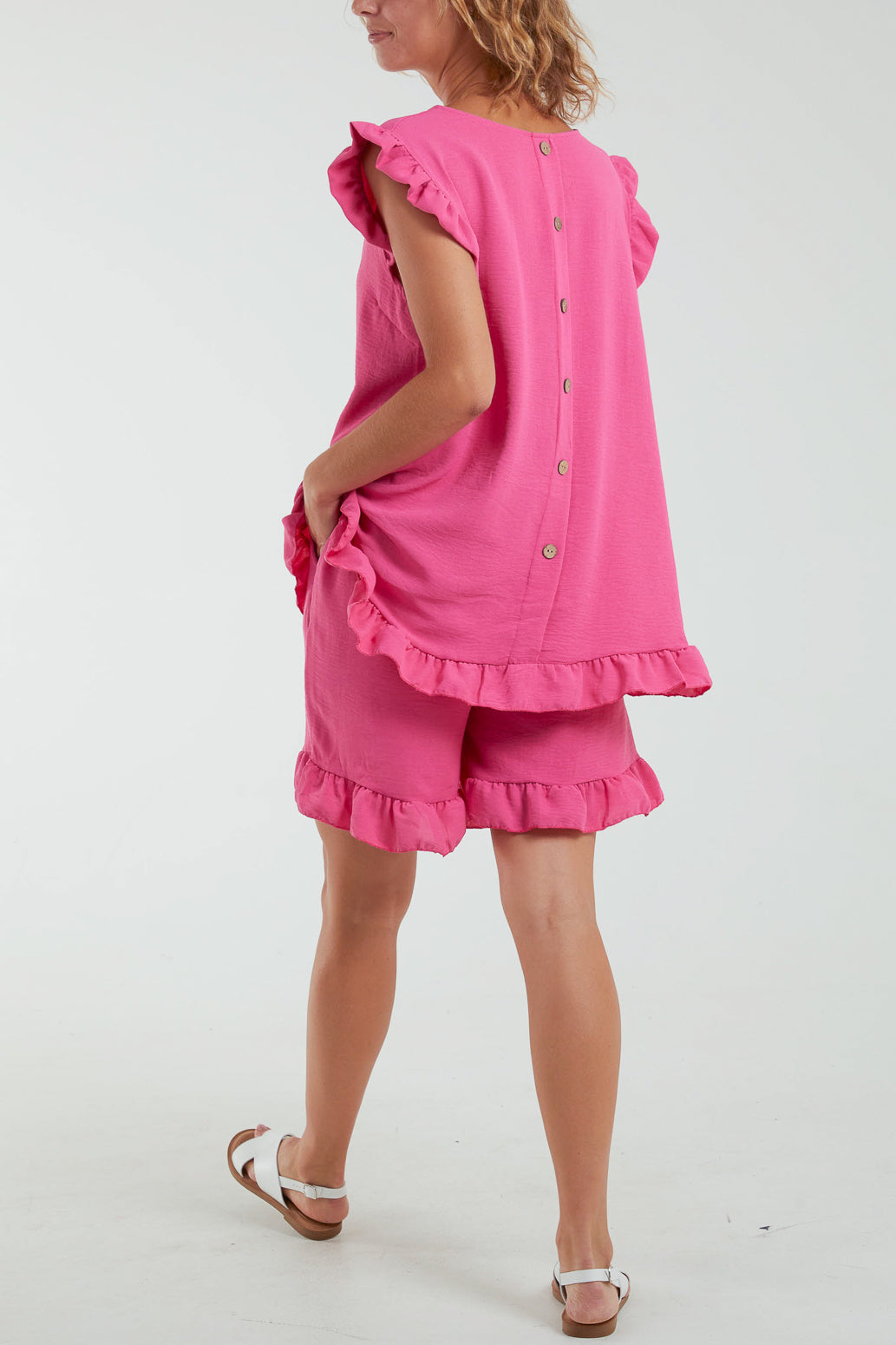 Frill Sleeve Back Button Top & Shorts Co-Ord Set For Women  - Dropwear