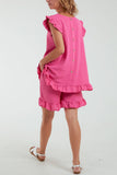 Frill Sleeve Back Button Top & Shorts Co-Ord Set For Women  - Dropwear