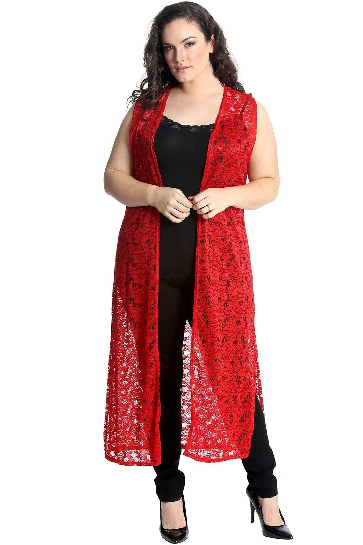 Red Floral Lace Open Top Long Cardigan For Women 18 - Dropwear