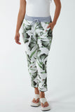 Khaki Hawaiian Flower Contrast Waist Trousers For Women ONE SIZE - Dropwear