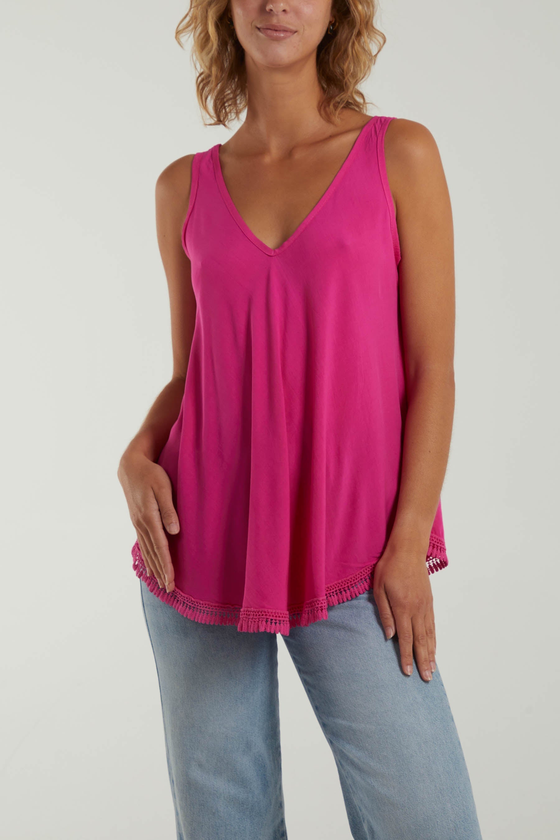 Fuchsia Tassel Hem V-Neck Vest For Women ONE SIZE - Dropwear
