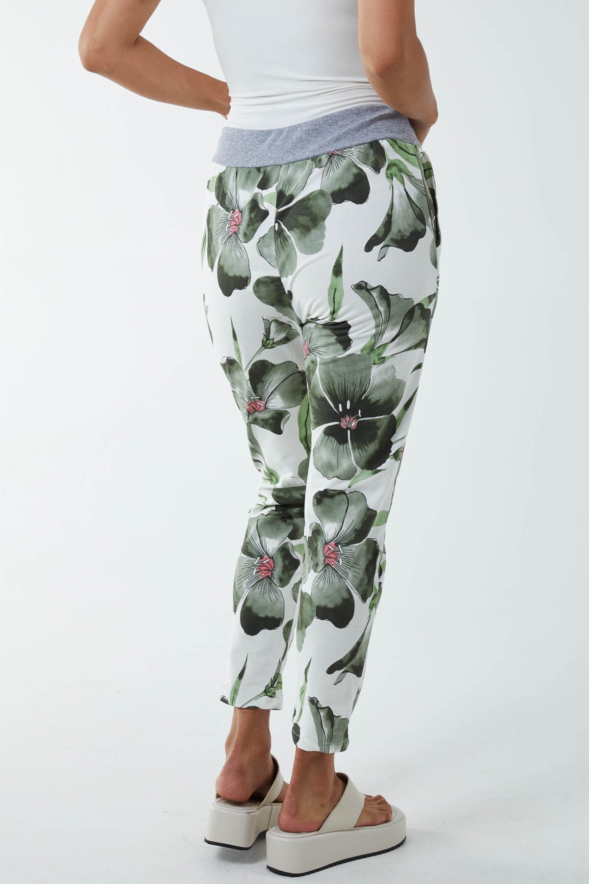 Royal Blue Hawaiian Flower Contrast Waist Trousers For Women ONE SIZE - Dropwear