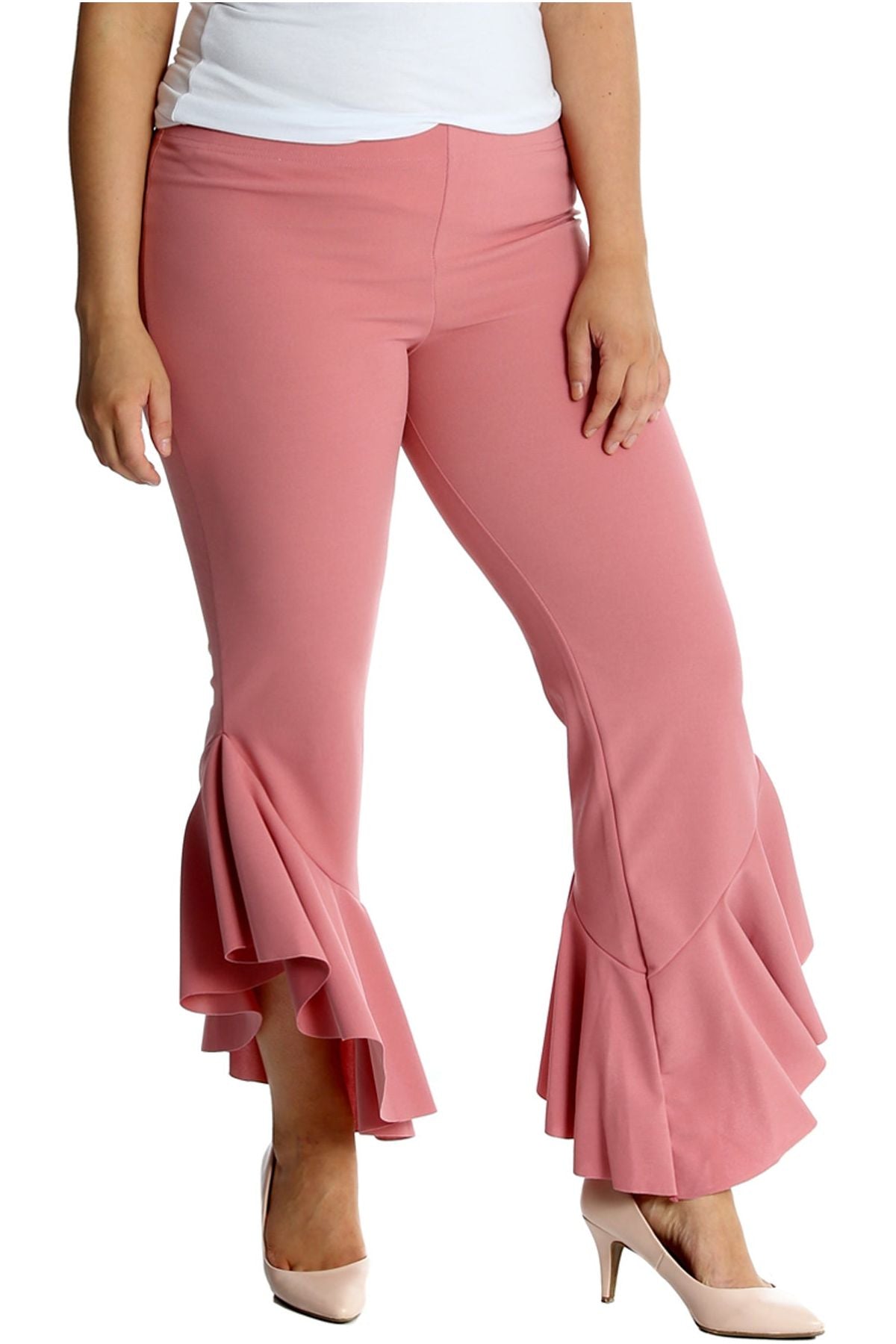 Black Plus Size Frill Asymmetric Hem Plain Trousers For Women 20-22 - Dropwear