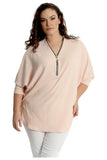 Cream Zip Curved Hem V-Neck Batwing Sleeve Top For Women 12-14 - Dropwear