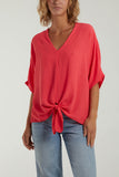 Green V-Neck Centre Front Tie Hem Blouse For Women ONE SIZE - Dropwear
