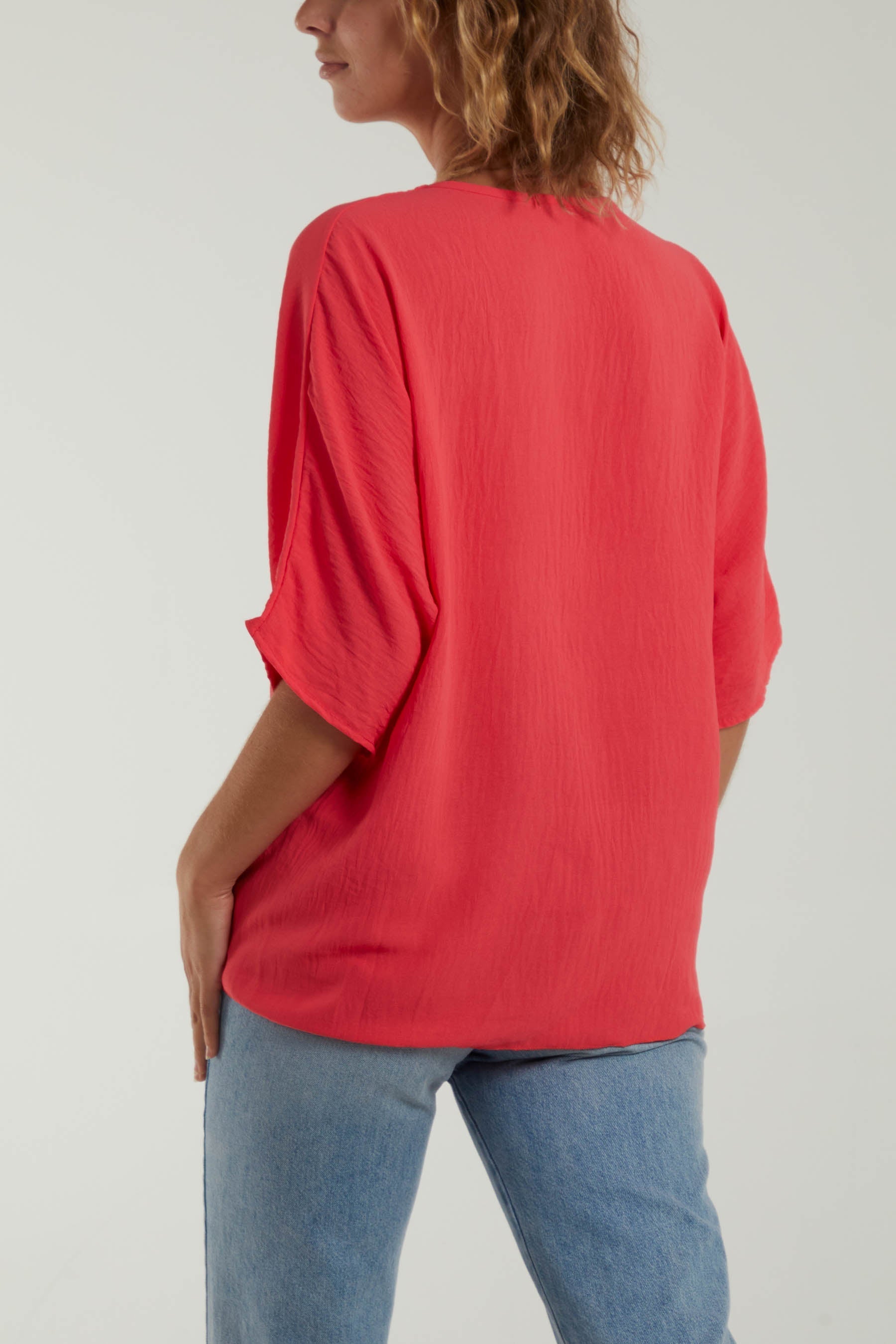 Red V-Neck Centre Front Tie Hem Blouse For Women ONE SIZE - Dropwear