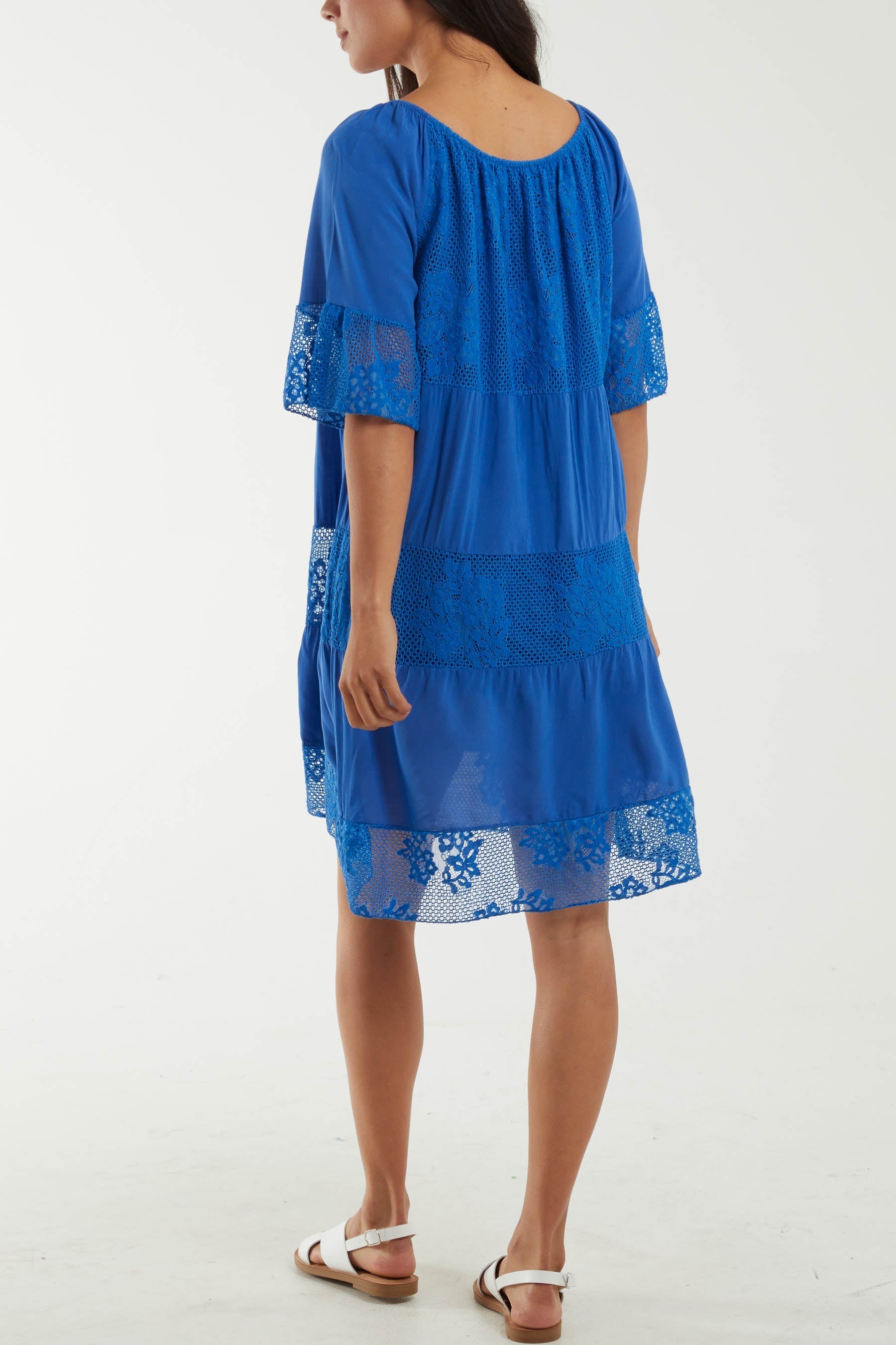Royal Blue Scoop Neck Tie Lace Tiered Midi Dress For Women ONE SIZE - Dropwear