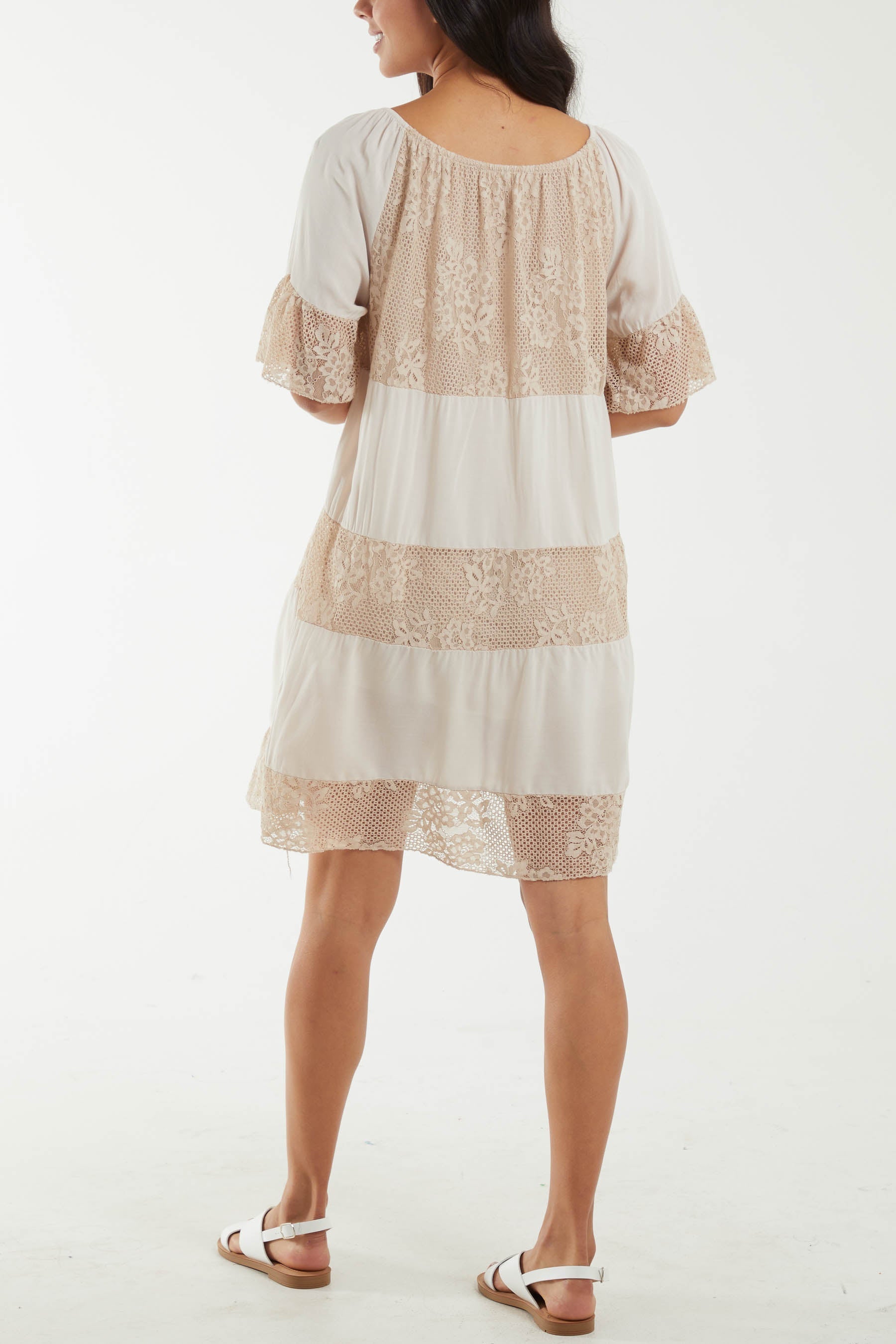Scoop Neck Tie Lace Tiered Midi Dress For Women  - Dropwear
