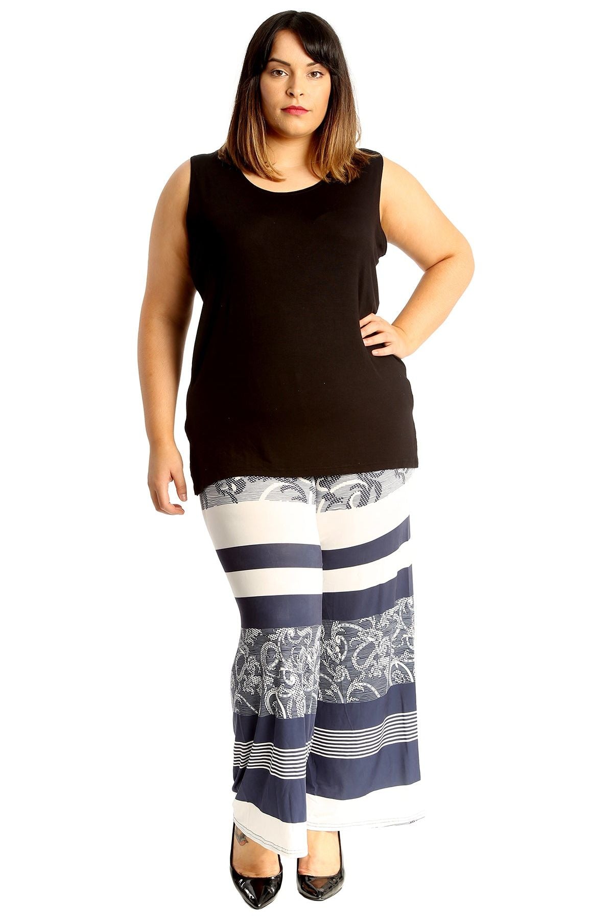 Navy Abstract Plus Size Navy Abstract Print Palazzo Trouser For Women 24-26 - Dropwear