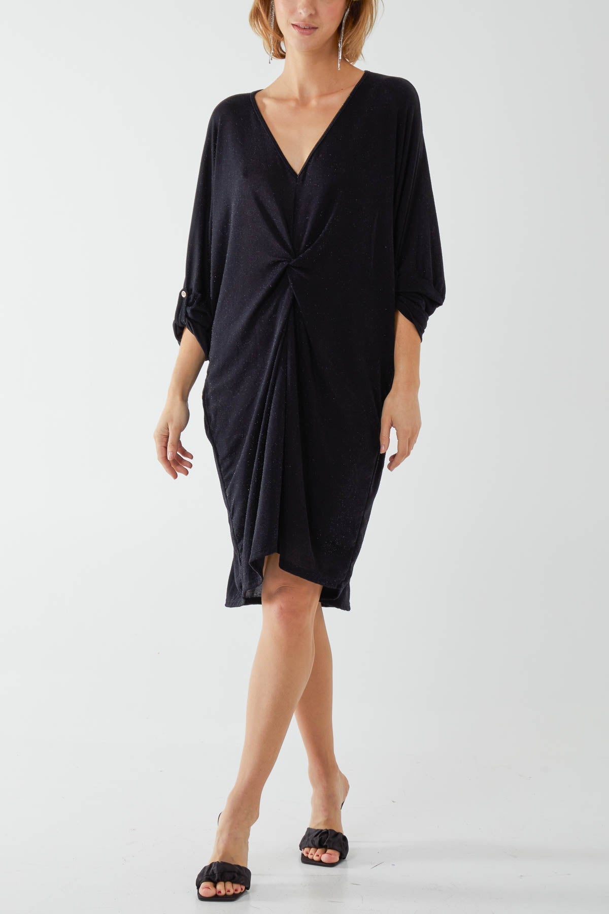 Black Glitter Lurex Twist Tie Knot Tunic Dress For Women ONE SIZE - Dropwear