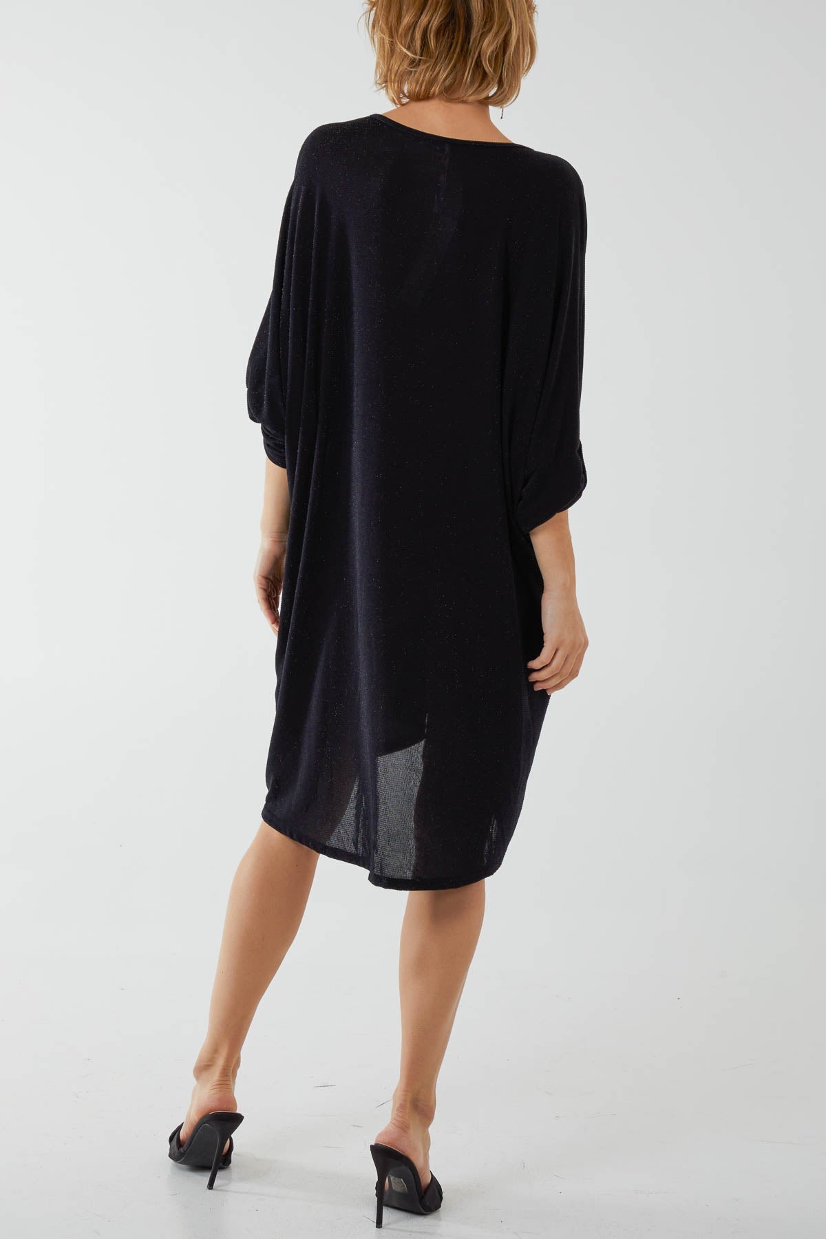 Navy Glitter Lurex Twist Tie Knot Tunic Dress For Women ONE SIZE - Dropwear