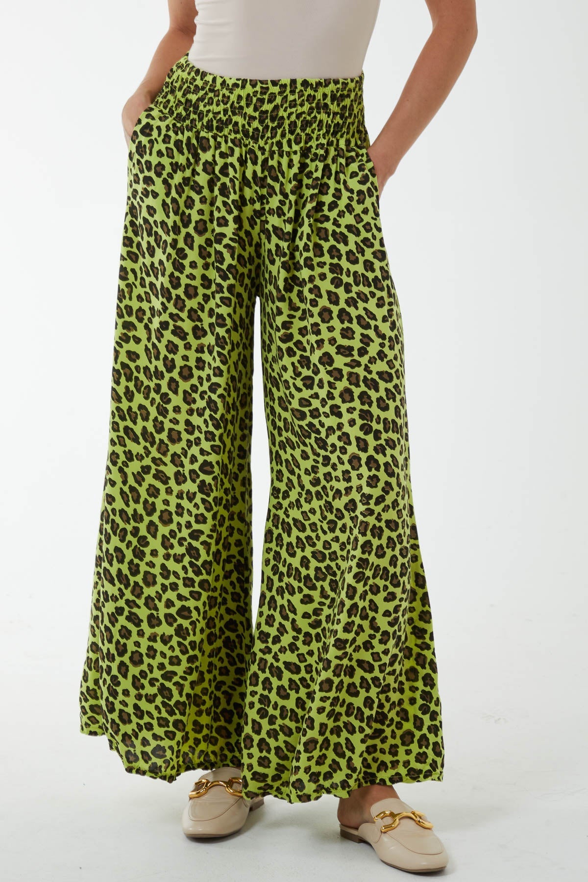 Denim Leopard Print Ruched Waist Wide Leg Trousers For Women ONE SIZE - Dropwear