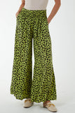 Denim Leopard Print Ruched Waist Wide Leg Trousers For Women ONE SIZE - Dropwear