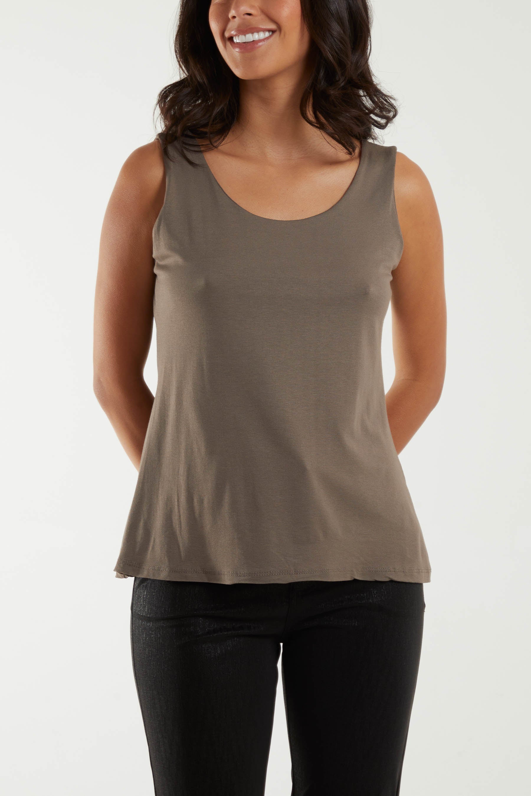 Black Double Layer Scoop Neck Plain Vest For Women ONE SIZE - Dropwear