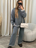 Charcoal Loungewear Wavy Edge Round Neck Pullover & Wide Leg Pants Co-ord For Women L - Dropwear