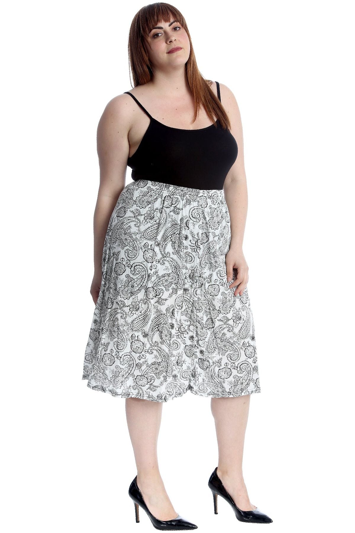 Paisley White Plus Size Paisley White Print Midi Skirt For Women 20-22 - Dropwear