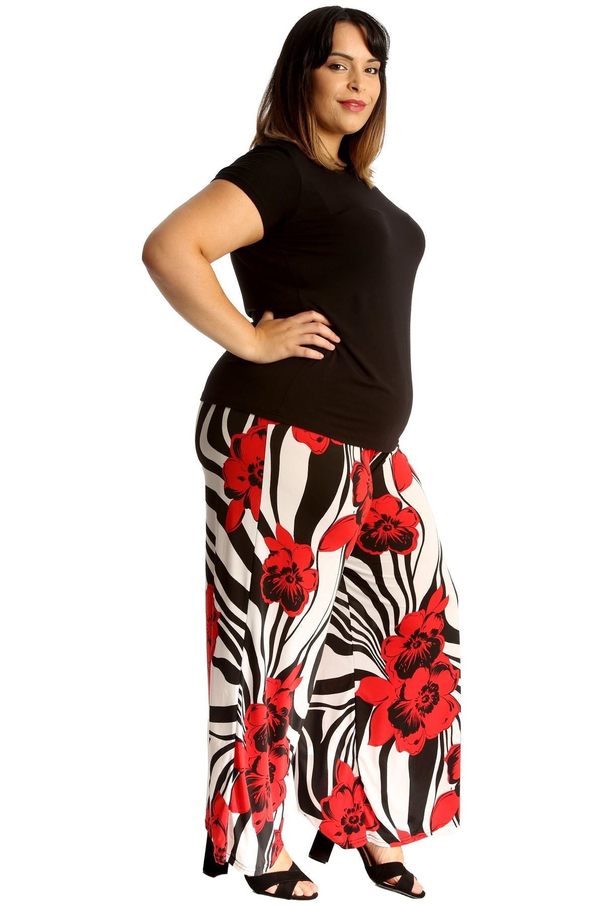 Red Plus Size Zebra Floral Print Palazzo Trouser For Women 24-26 - Dropwear