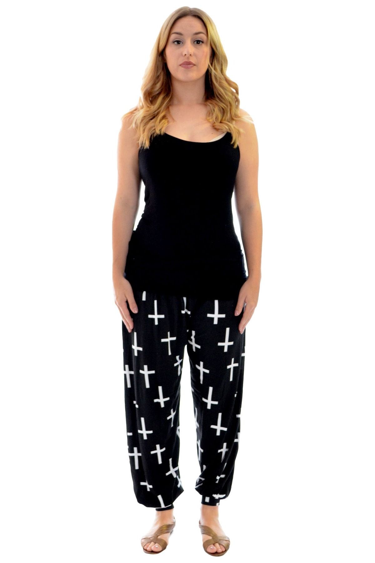 Dark Grey Cross Plus Size Cross Print Harem Trousers For Women 16-18 - Dropwear
