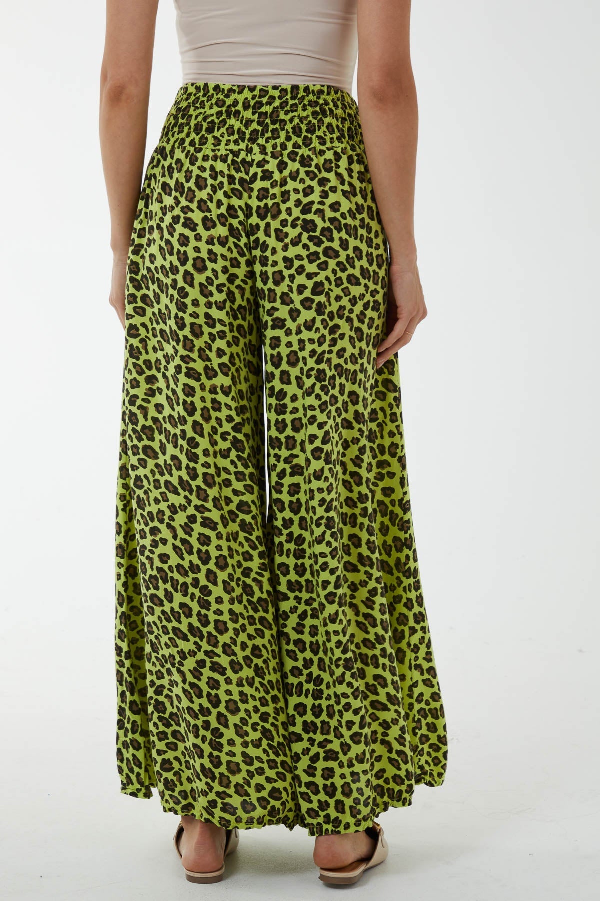 Grey Leopard Print Ruched Waist Wide Leg Trousers For Women ONE SIZE - Dropwear
