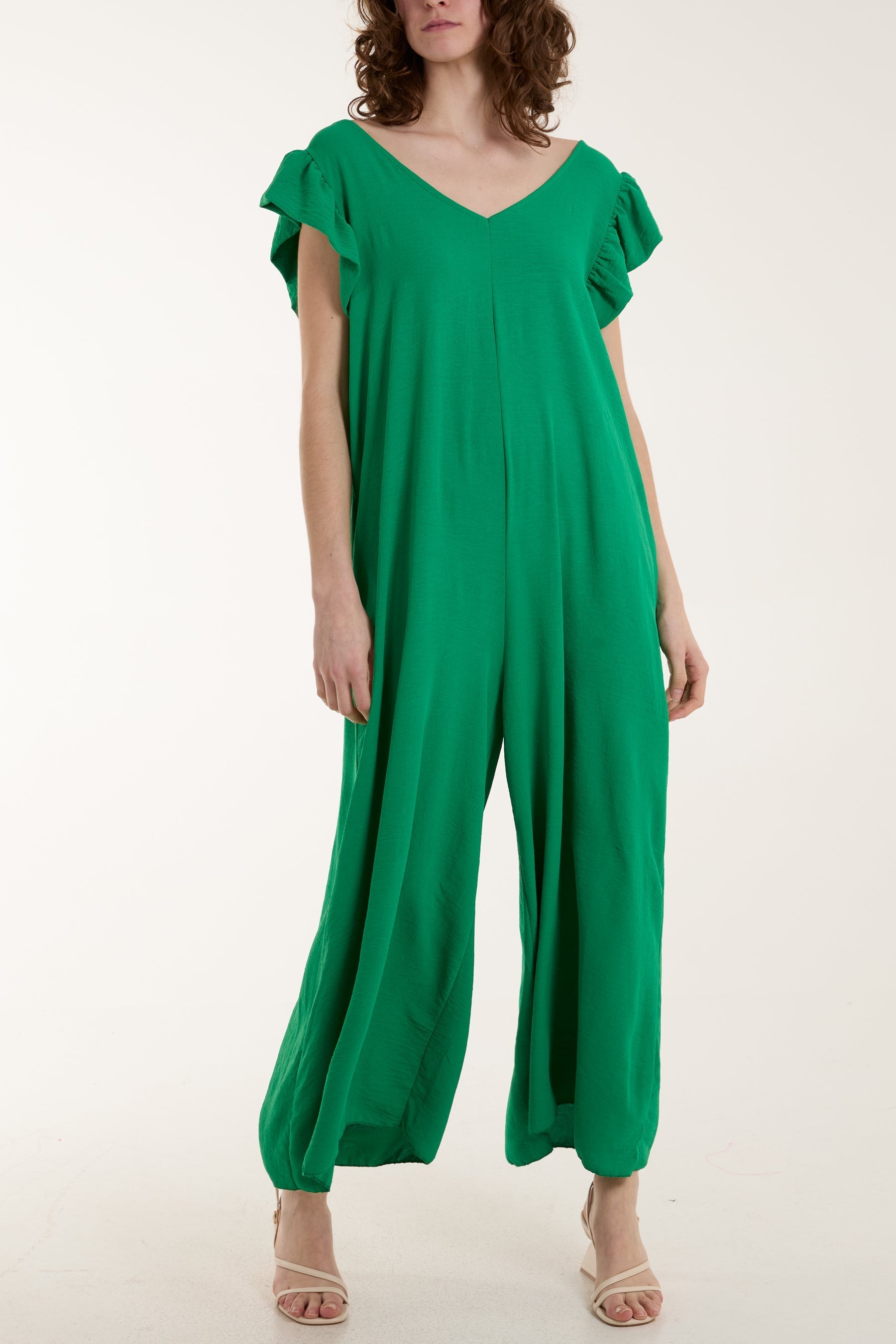 Apple Green Ruffle Sleeve Wide Leg Jumpsuit For Women ONE SIZE - Dropwear