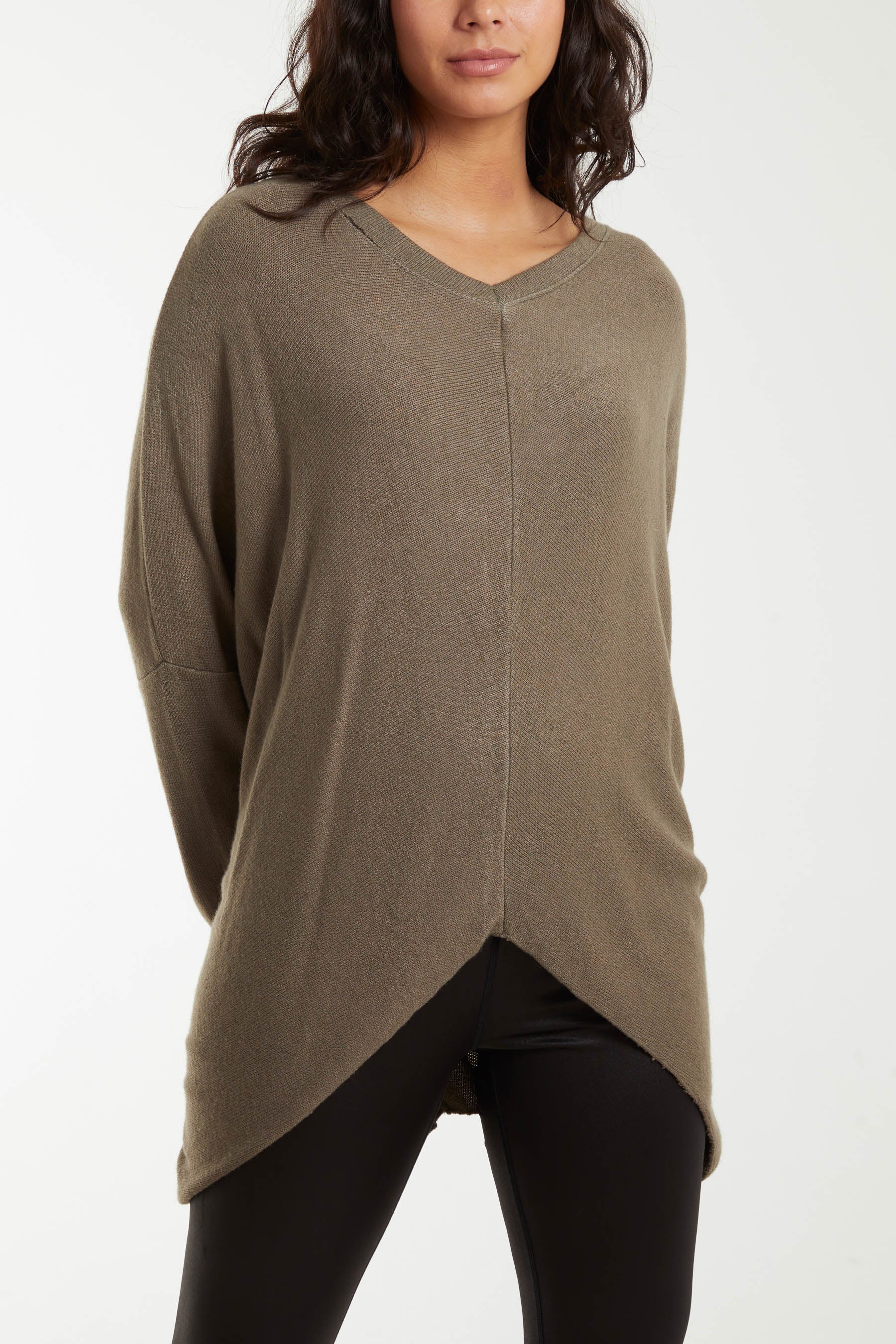 Khaki Asymmetric Hem Oversized Jumper For Women ONE SIZE - Dropwear