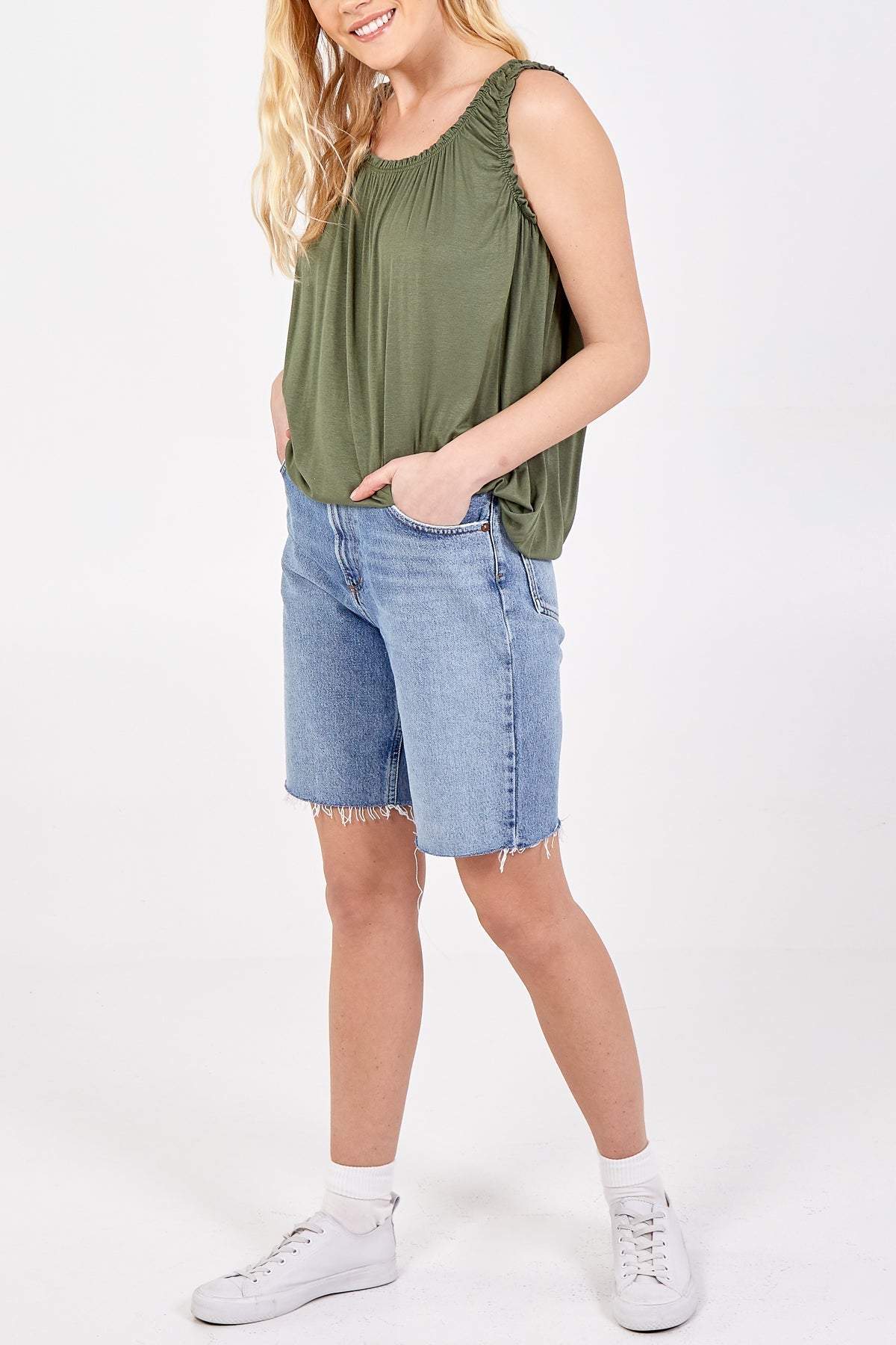 Khaki Balloon Ruffle Neck Vest For Women ONE SIZE - Dropwear
