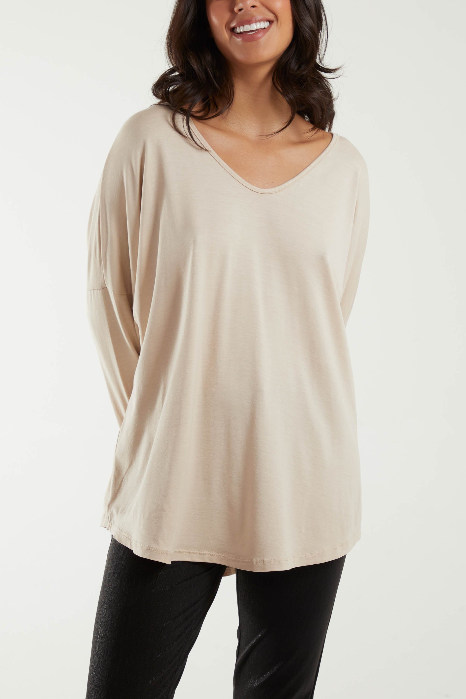 Khaki High Low Curved Hem Long Sleeve Top For Women ONE SIZE - Dropwear