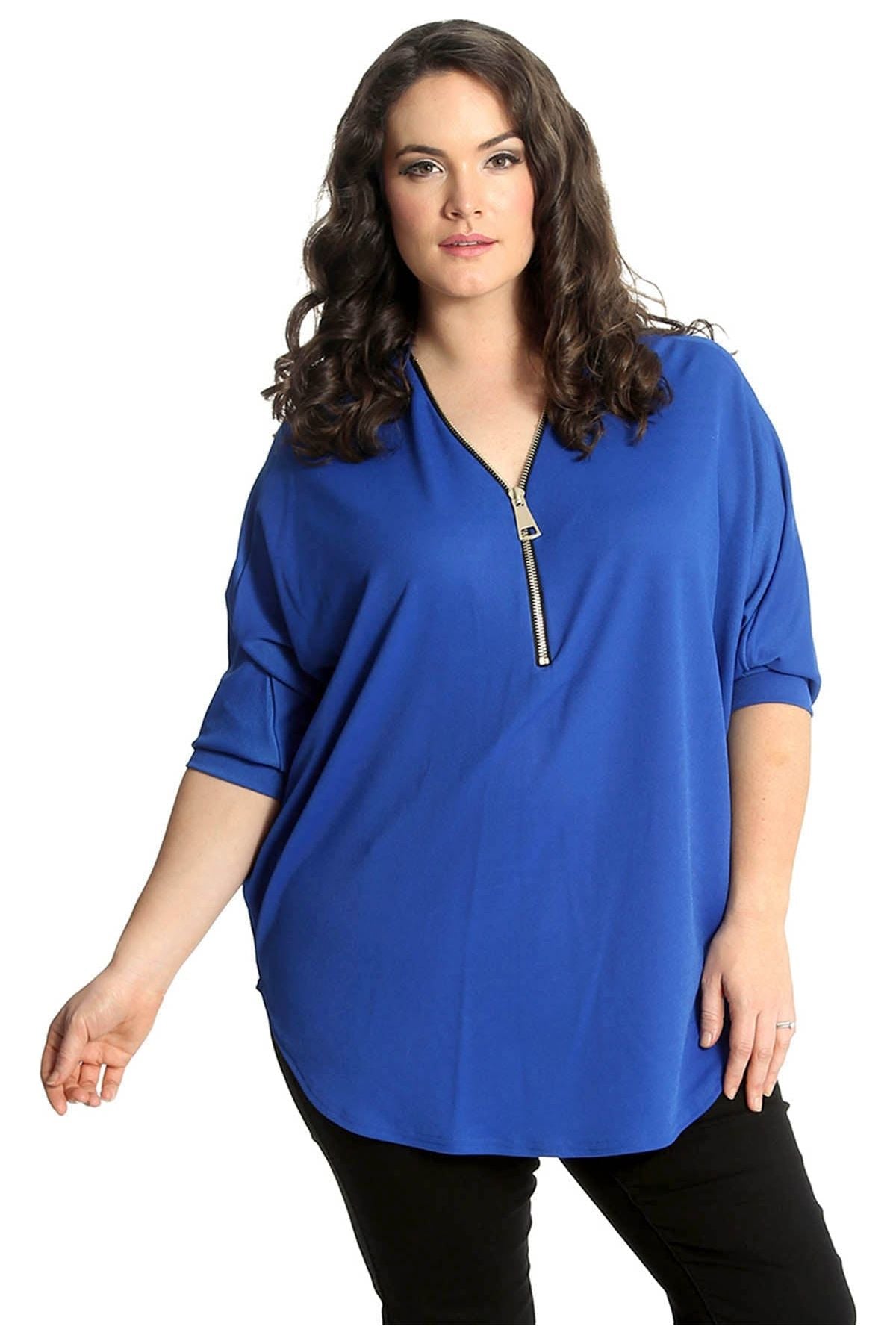 Zip Curved Hem V-Neck Batwing Sleeve Top For Women  - Dropwear