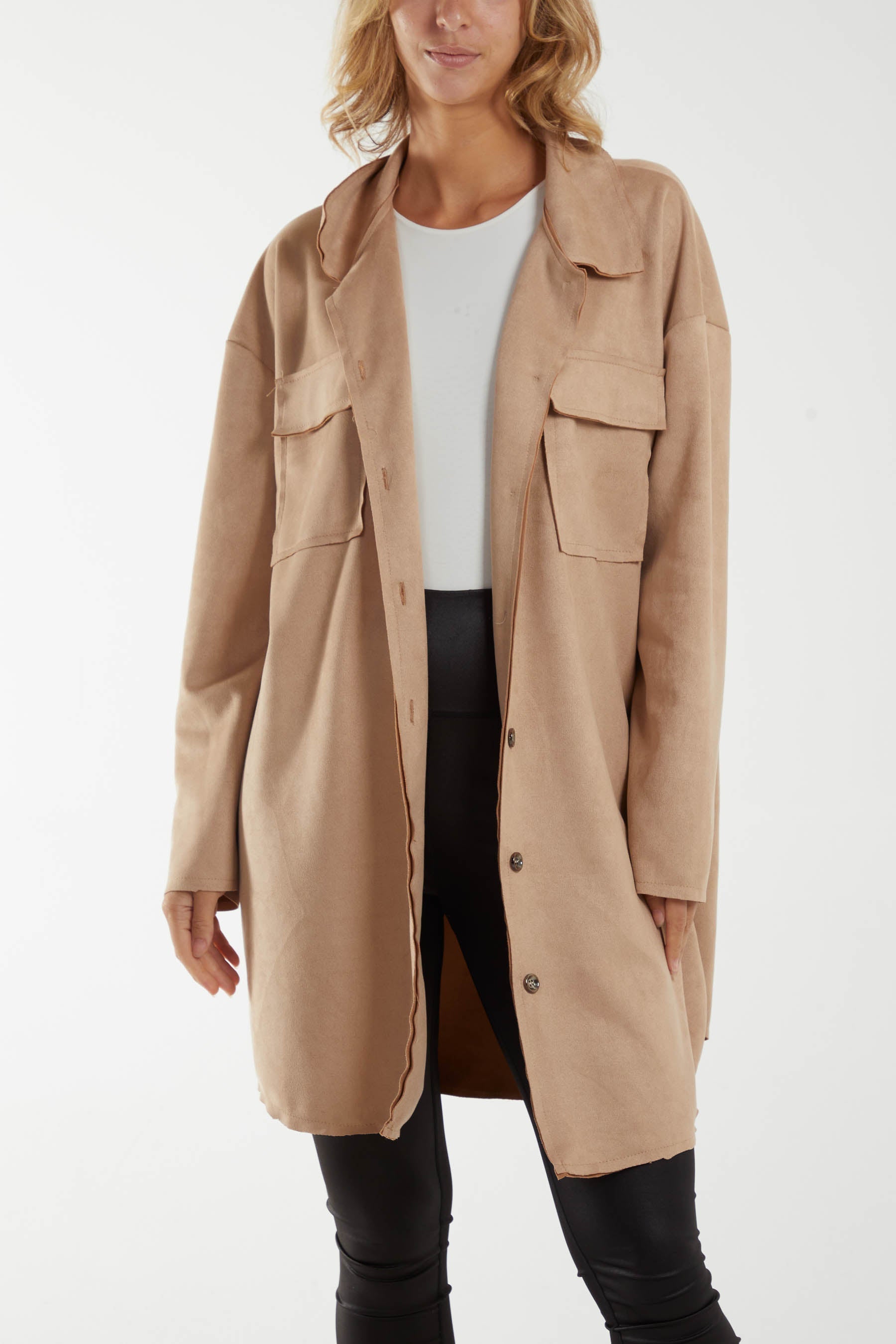 Camel Two Pocket Utility Suede Shacket For Women ONE SIZE - Dropwear