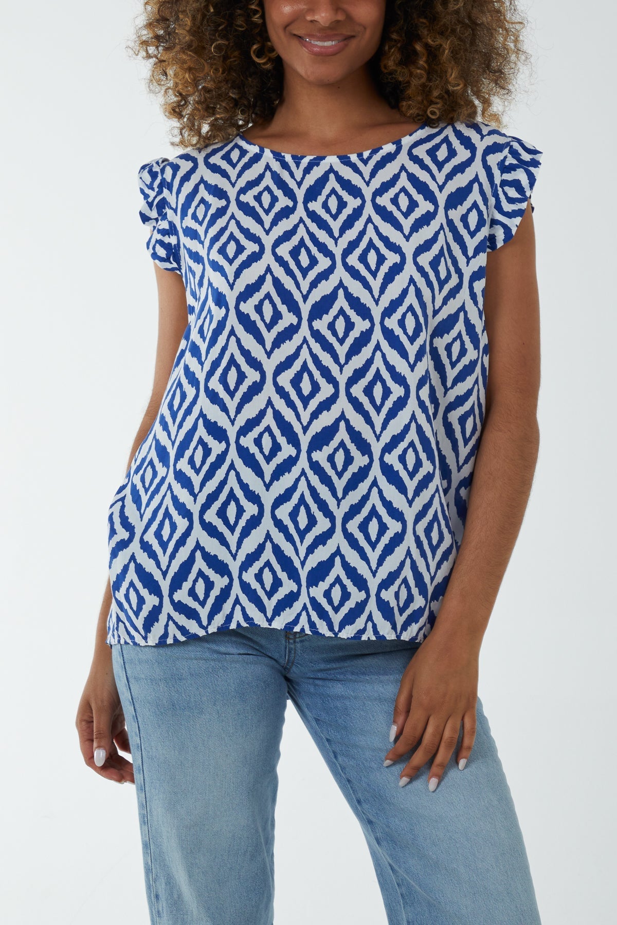 Black Geometric Print Frill Sleeve Top For Women ONE SIZE - Dropwear