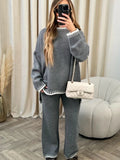 Charcoal Loungewear Wavy Edge Round Neck Pullover & Wide Leg Pants Co-ord For Women XL - Dropwear