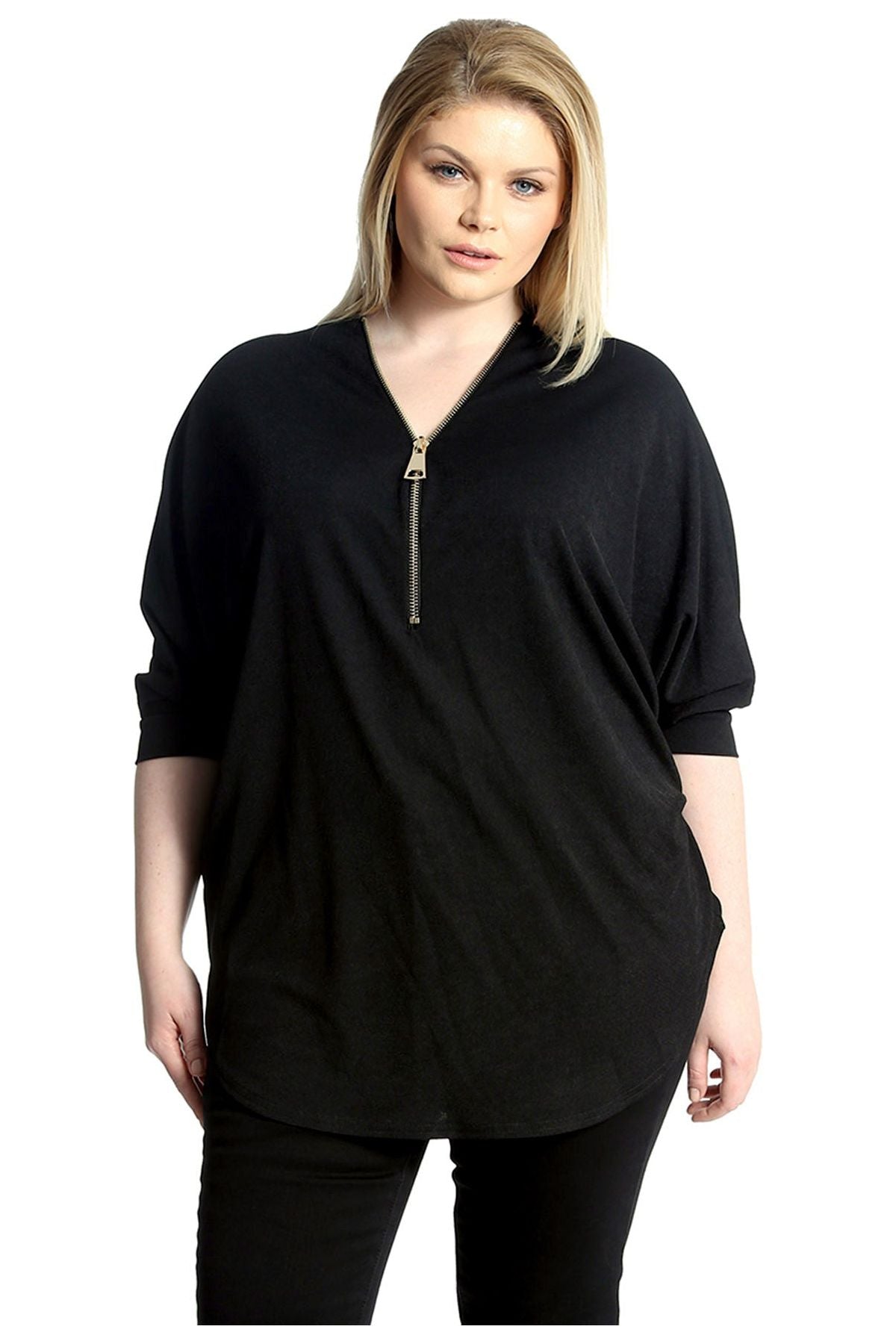 Cerise Zip Curved Hem V-Neck Batwing Sleeve Top For Women 12-14 - Dropwear
