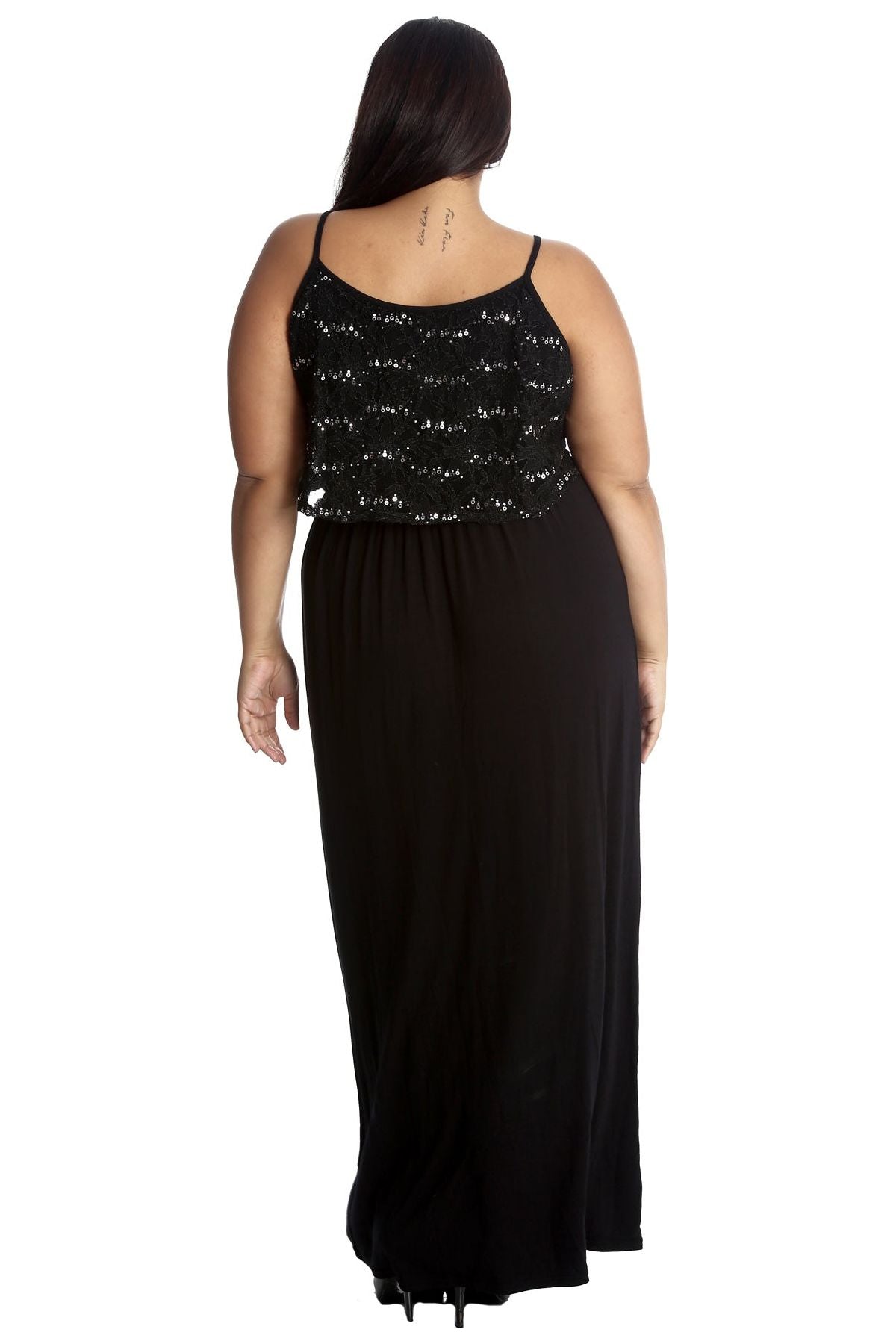 Black Plus Size Floral Sequin Lace Maxi Dress For Women 18 - Dropwear