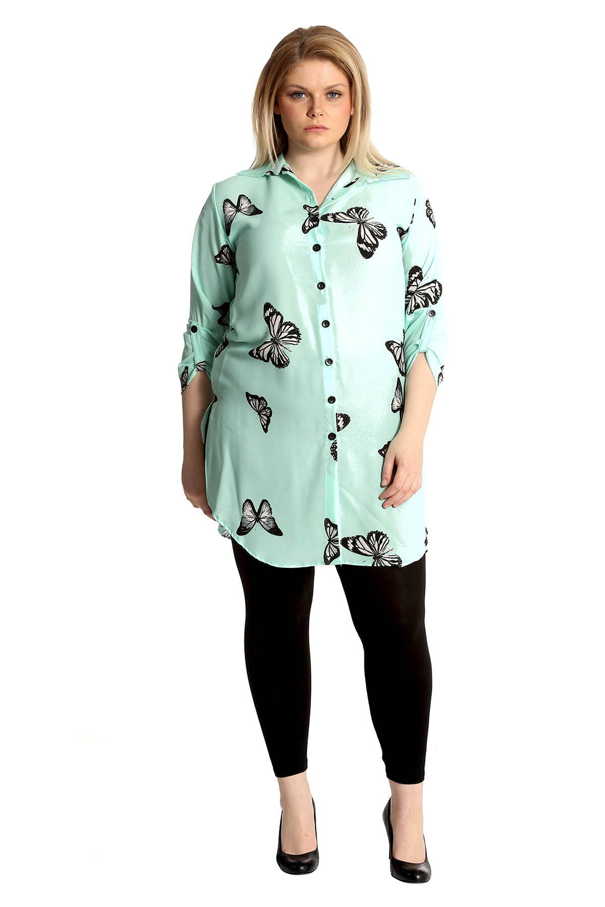 Nude Butterfly Print Side Slit Curved Hem Top For Women 20 - Dropwear