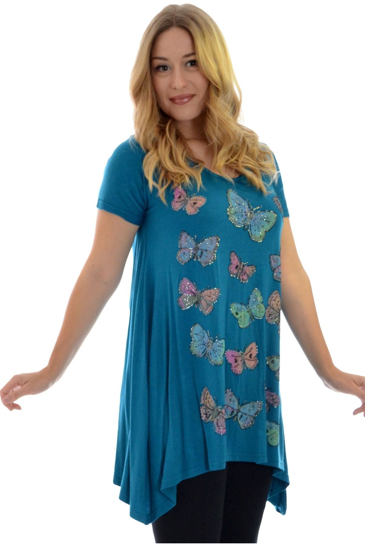 Orange Butterfly Hanky Hem Short Sleeve Top For Women 26-28 - Dropwear